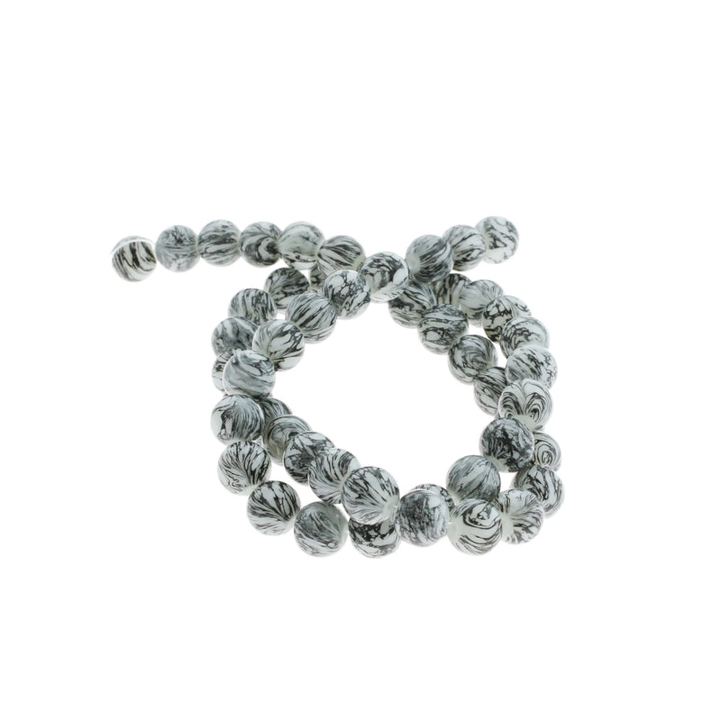 Perles de Verre Rondes 8mm - Tourbillon Noir et Blanc - 1 Rang 48 Perles - BD1535