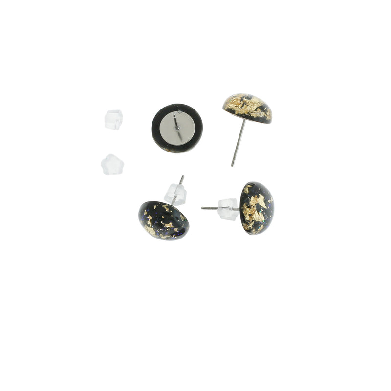 Resin Stainless Steel Earrings - Black and Gold Studs - 12mm - 2 Pieces 1 Pair - ER327