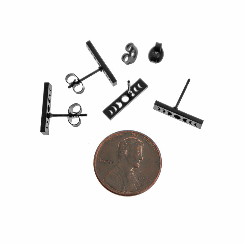 Rectangle Black Tone Titanium Steel Earring Studs - Moon Phase - 15mm - 2 Pieces 1 Pair - ER788