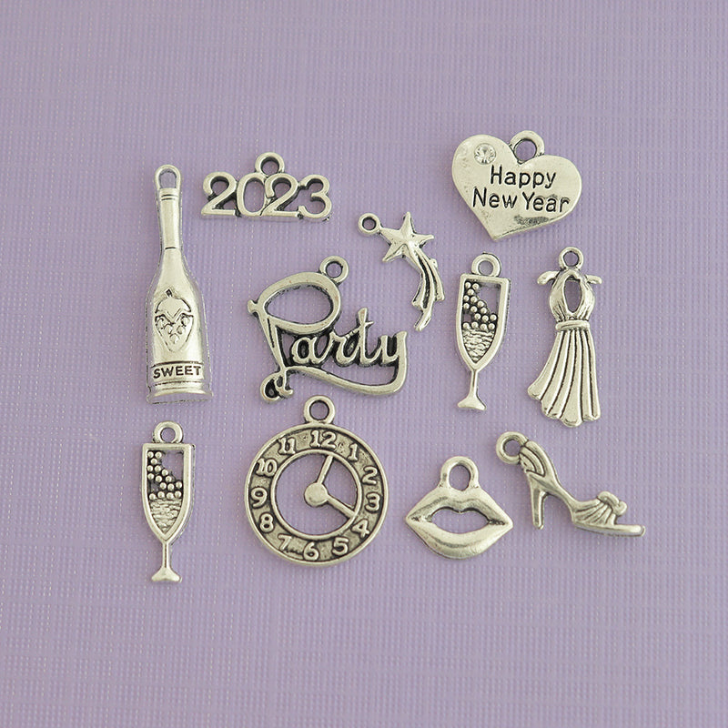 Happy New Year 2023 Charm Collection Antique Silver Tone 12 Charms - COL161