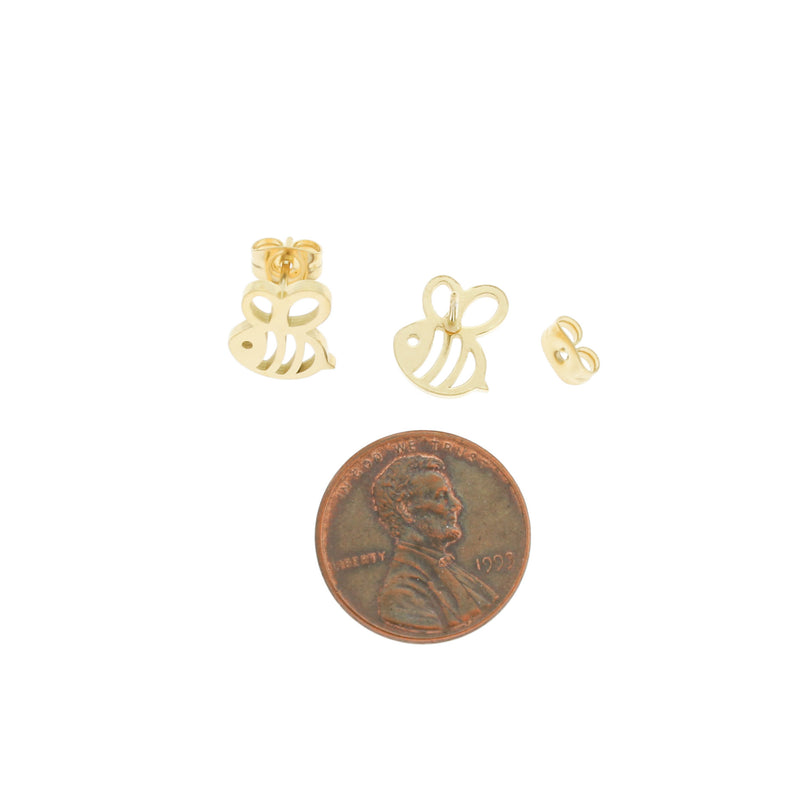 Boucles d'oreilles en acier inoxydable doré - Clous de bourdon - 11 mm x 10 mm - 2 pièces 1 paire - ER037
