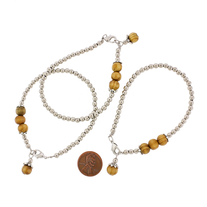 Round Wood Bead Bracelet - 55mm - Silver Tone Spacer Beads - 1 Bracelet - BB188