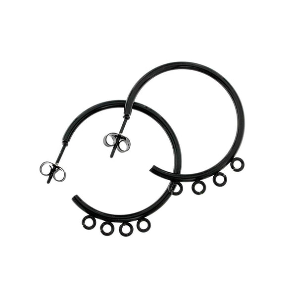 Black Stainless Steel Earrings - Hoop Bases With Loops - 32mm x 33.5mm x 2mm - 2 Pieces 1 Pair - FD274