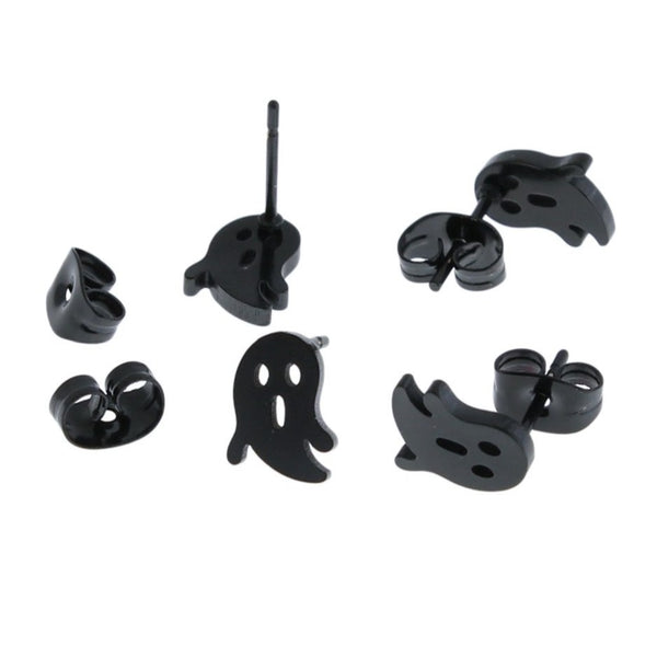 Gunmetal Black Stainless Steel Earrings - Ghost Studs - 9mm x 6mm - 2 Pieces 1 Pair - ER376