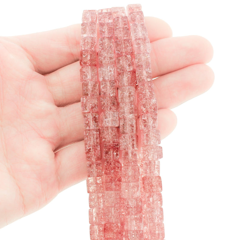 Cube Glass Beads 6mm - Light Red Crackle - 1 Strand 60 Beads - BD1530
