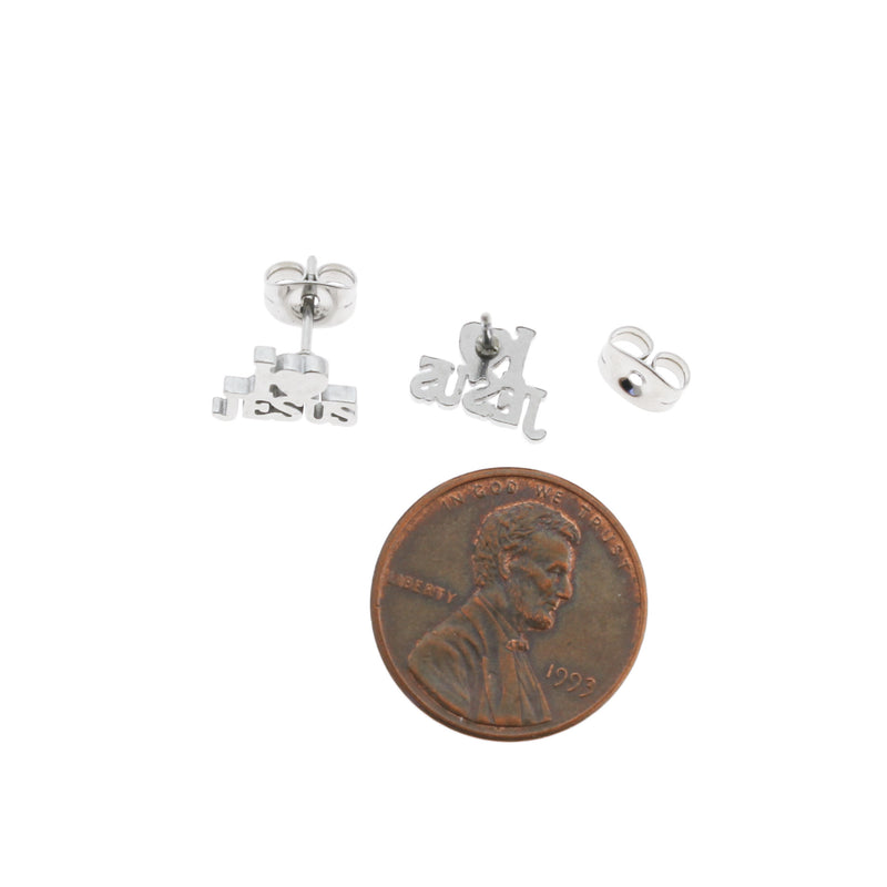 Stainless Steel Earrings - I Love Jesus Studs - 10mm x 7mm - 2 Pieces 1 Pair - ER028