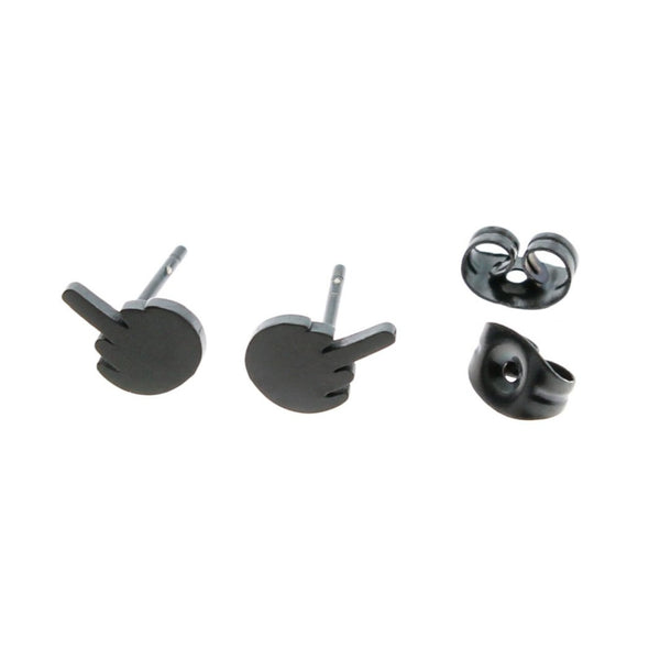Gunmetal Black Stainless Steel Earrings - Middle Finger Studs - 8mm x 5mm - 2 Pieces 1 Pair - ER005