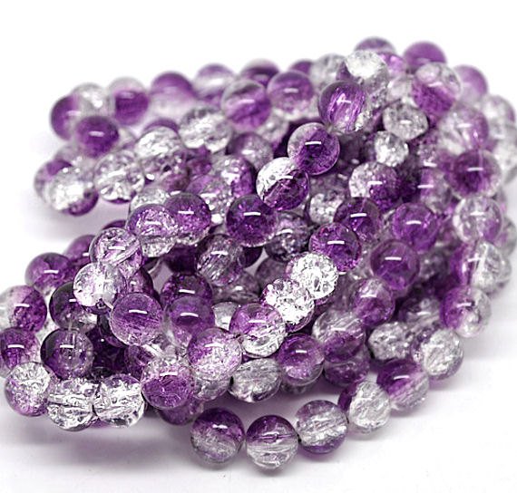 Round Glass Beads 10mm - Purple and Clear Crackle - 1 Strand 85 Beads - BD100