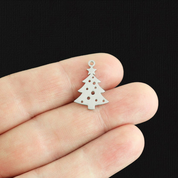 2 Christmas Tree Silver Tone Stainless Steel Charms 2 Sided - SSP597