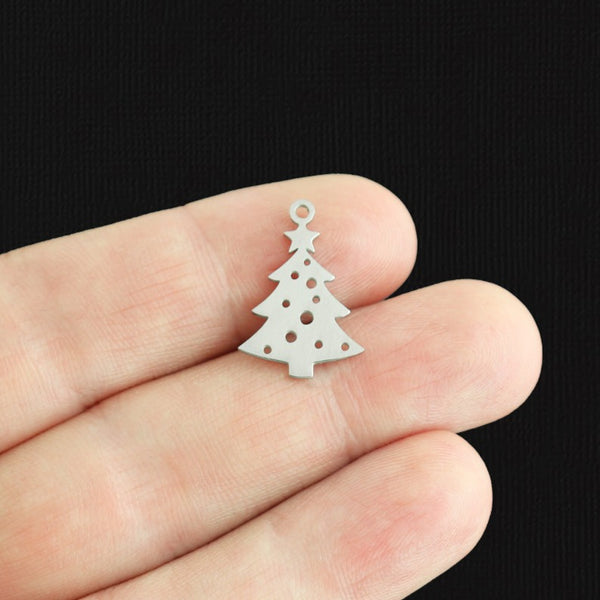 BULK 10 Christmas Tree Silver Tone Stainless Steel Charms 2 Sided - SSP597