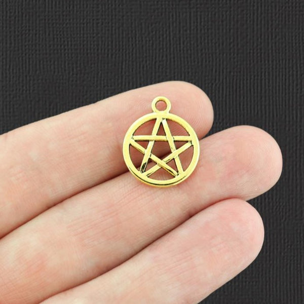 10 Pentagram Antique Gold Tone Charms 2 Sided - GC368
