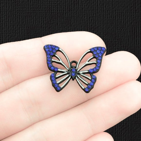 2 Butterfly Black Enamel Charms With Inset Rhinestones - E510