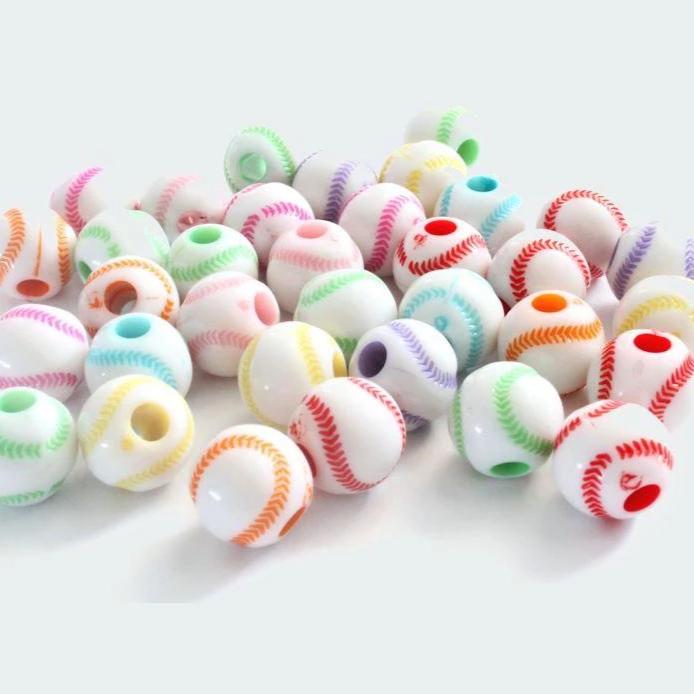 Perles Acryliques Intercalaire Baseball 11mm - Couleurs Assorties - 25 Perles - K140