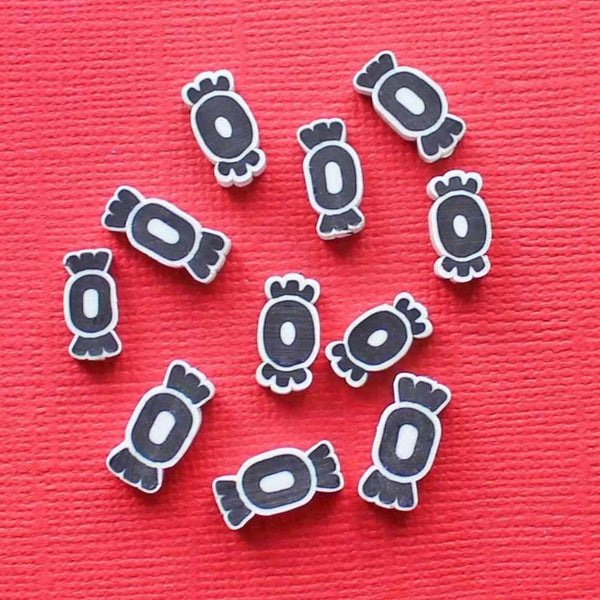 Perles en Pâte Polymère Bonbon 13mm x 6mm x 4mm - Noir et Blanc - 25 Perles - BD1198