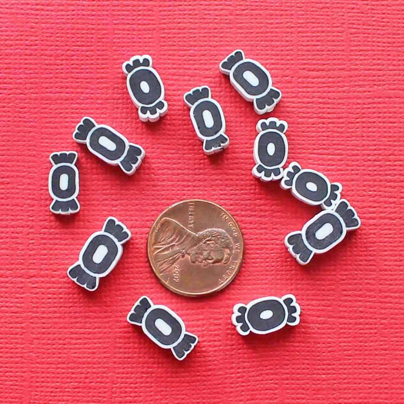 Candy Polymer Clay Beads 13mm x 6mm x 4mm - Black and White - 25 Beads - BD1198