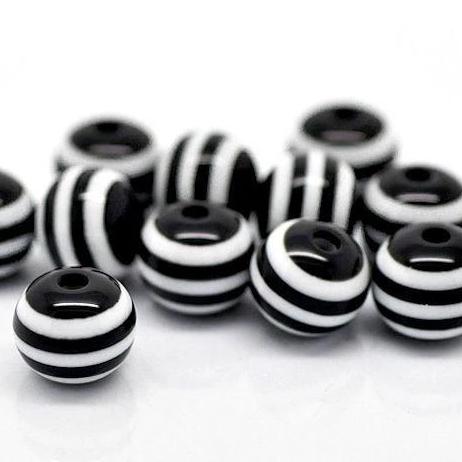 Round Resin Beads 10mm - Black and White Stripe - 25 Beads - BD020