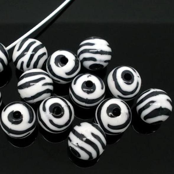 Perles Acryliques Rondes 11mm - Zèbre Noir et Blanc - 25 Perles - BD047