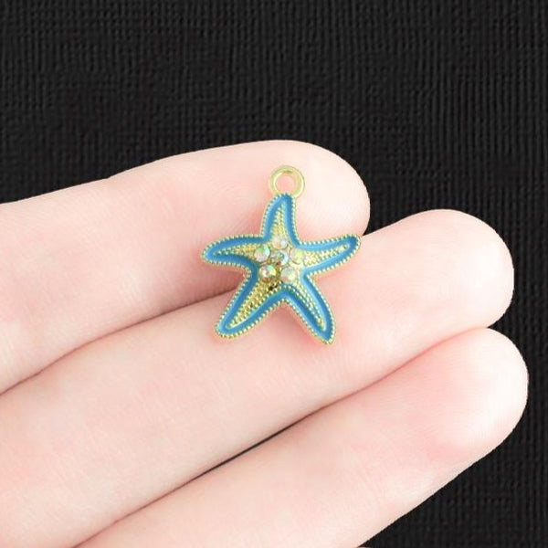 2 Starfish Gold Tone Enamel Charms with Inset Rhinestones - E591