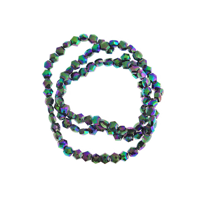 Perles de verre hexagonales 6 mm x 5 mm - arc-en-ciel électroplaqué - 1 brin 99 perles - BD1494