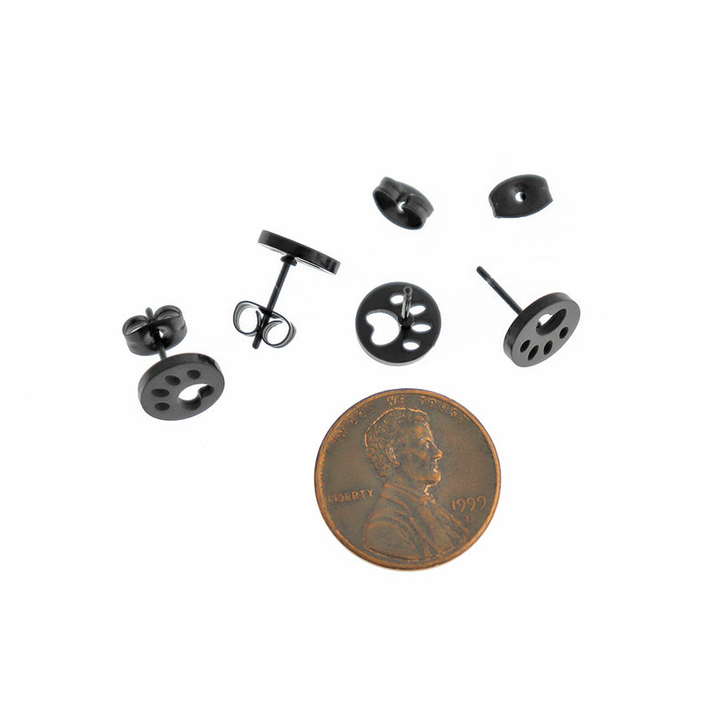 Gunmetal Black Stainless Steel Earrings - Paw Print Studs - 9mm - 2 Pieces 1 Pair - ER584