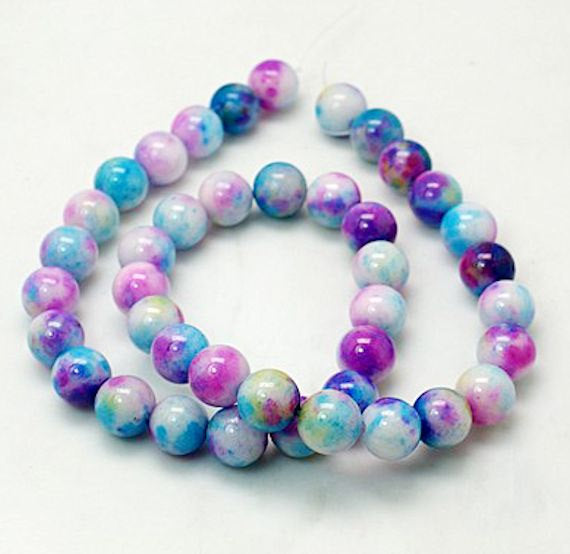 Perles rondes en pierres précieuses de jade 8 mm - Bleu chiné, rose, violet et blanc - 1 brin 50 perles - BD258