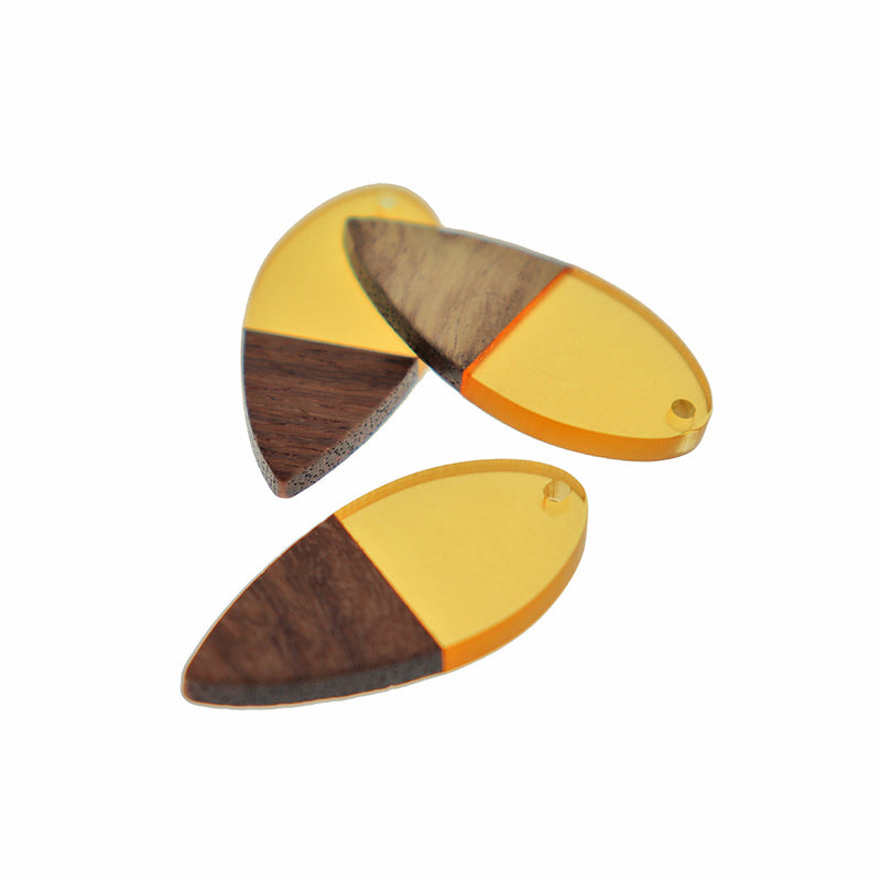 Pointed Teardrop Walnut Wood and Transparent Champagne Gold Resin Charm 38mm - WP585