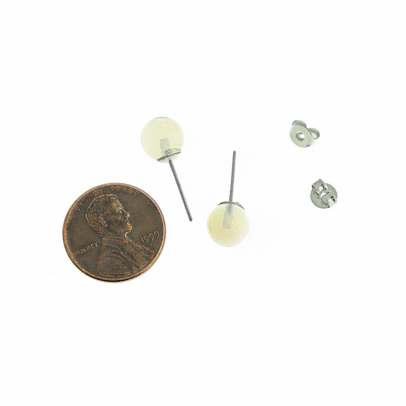 Silver Tone Brass Earrings - Natural Opalite Gemstone Ball Studs - 8mm - 2 Pieces 1 Pair - ER571