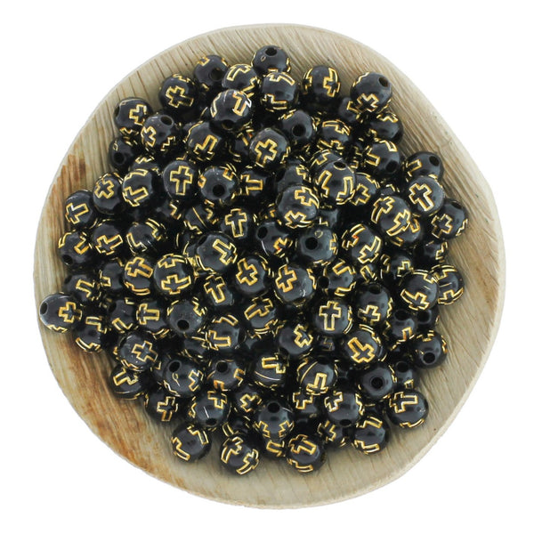 Round Acrylic Beads 8mm - Black With Gold Cross - 50 Beads - BD268