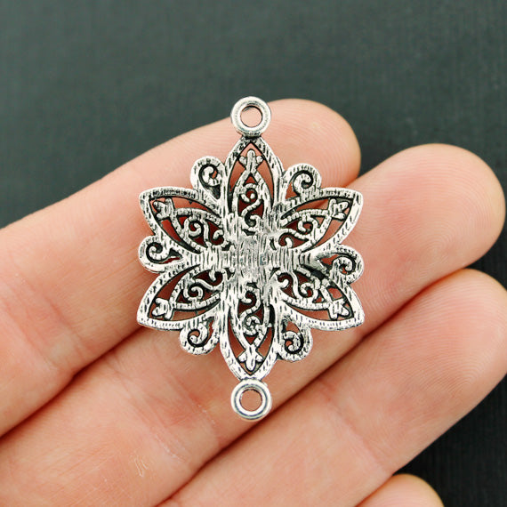 4 Flower Connector Antique Silver Tone Charms - SC116