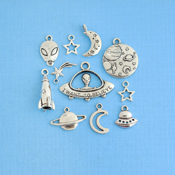 Aliens Charm Collection Antique Silver Tone 11 Charms - COL306