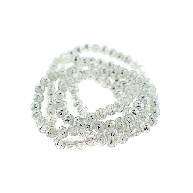 Perles de verre rondes 6 mm - Silver Drawbench Clear Ice Crackle - 1 rang 140 perles - BD2357