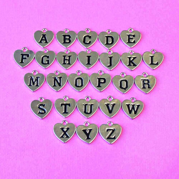 26 Heart Alphabet Letter Silver Tone Charms - 1 Set - ALPHA1000