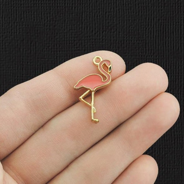 10 Flamingo Gold Tone Enamel Charms - E1104