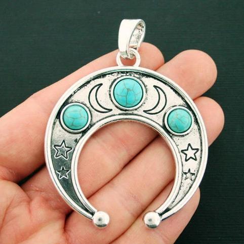 Crescent Moon Antique Silver Tone Charm With Imitation Turquoise - SC6711