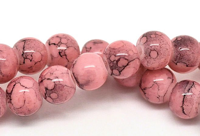 Round Glass Beads 6mm - Mottled Pink and Black - 35 Beads - BD125