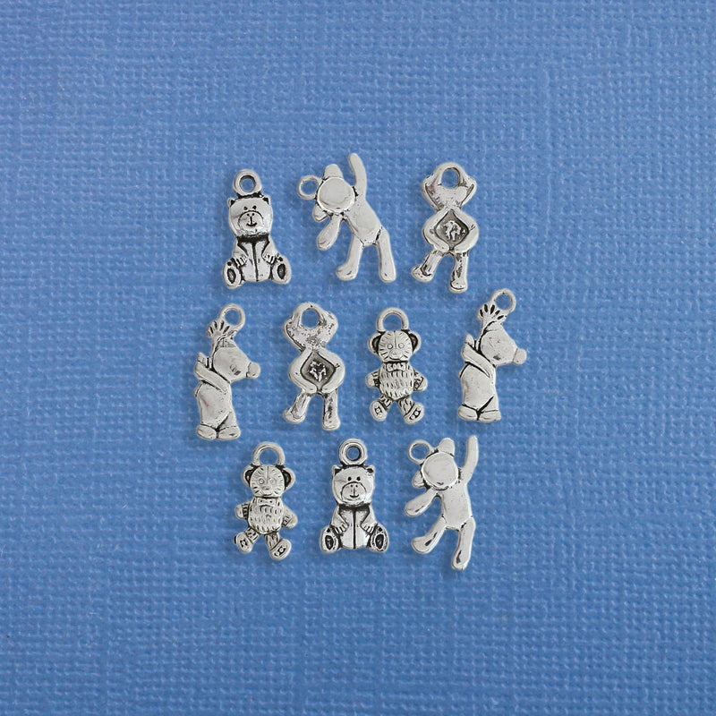 Teddy Bear Charm Collection Antique Silver Tone 10 Charms - COL207