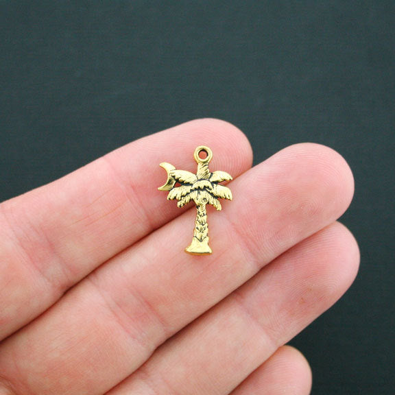6 Palm Tree Antique Gold Tone Charms 2 Sided - GC344