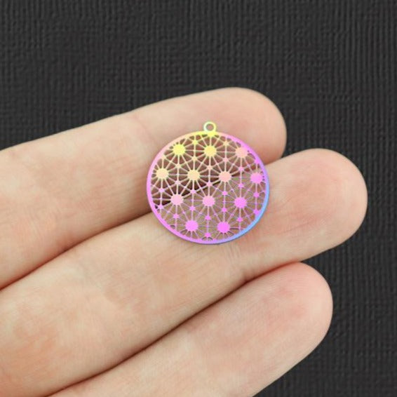 5 Round Lace Rainbow Electroplated Stainless Steel Charms 2 Sided - SSP244