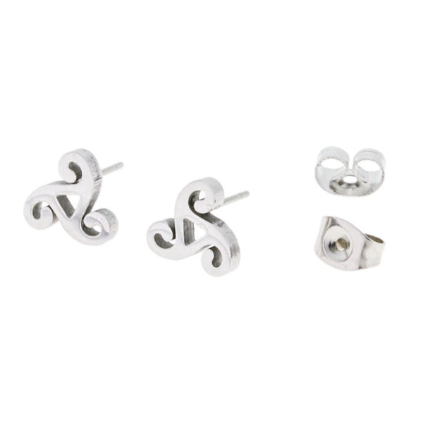 Stainless Steel Earrings - Triskele Triple Spiral Studs - 8.5mm x 8mm - 2 Pieces 1 Pair - ER002