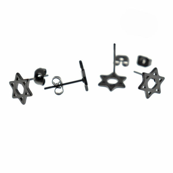 Gunmetal Black Stainless Steel Earrings - Star of David Studs - 9.5mm x 8mm - 2 Pieces 1 Pair - ER805