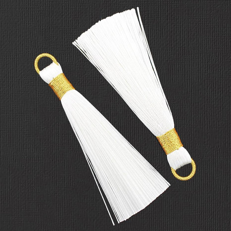 Polyester Tassels with Jump Ring - White and Gold - 4 Pieces - TSP009