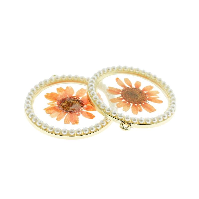 SALE Orange Dried Flower Gold Tone and Resin Charm with Imitation Pearl - K456