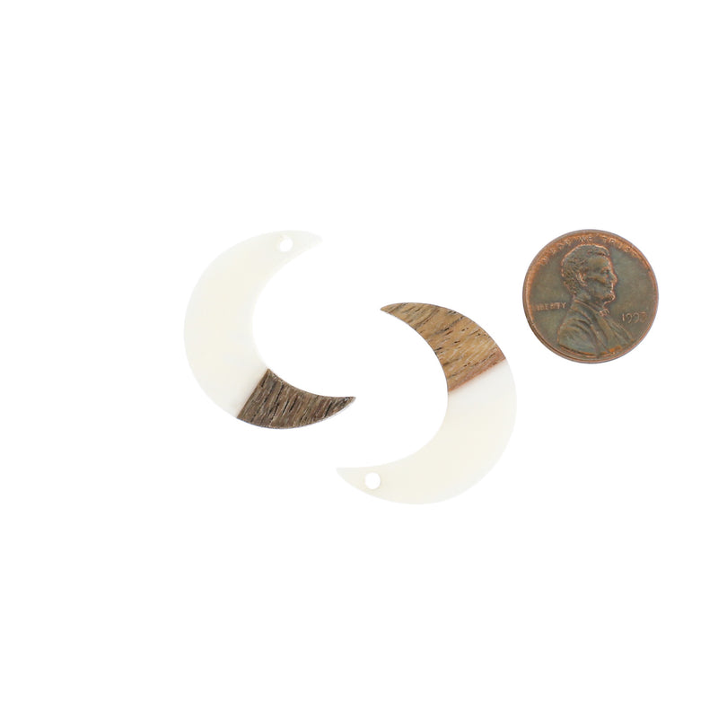 2 Crescent Moon Natural Wood and White Resin Charms 28mm - WP288