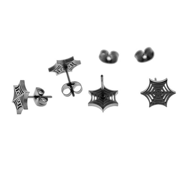 Gunmetal Black Titanium Steel Earrings - Spider Web Studs - 9mm - 2 Pieces 1 Pair - ER592