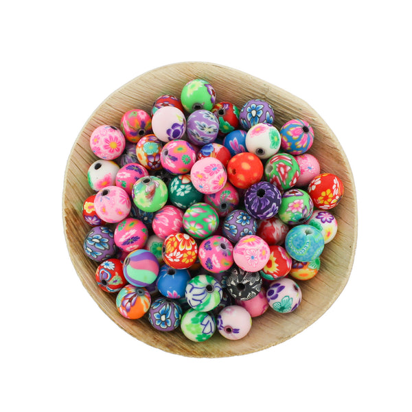 Perles Rondes en Pâte Polymère 10mm - Fleurs Assorties - 25 Perles - BD254