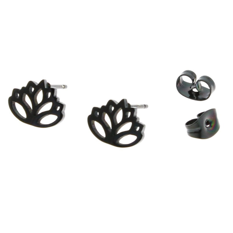 Gunmetal Black Stainless Steel Earrings - Lotus Studs - 10mm x 8mm - 2 Pieces 1 Pair - ER054