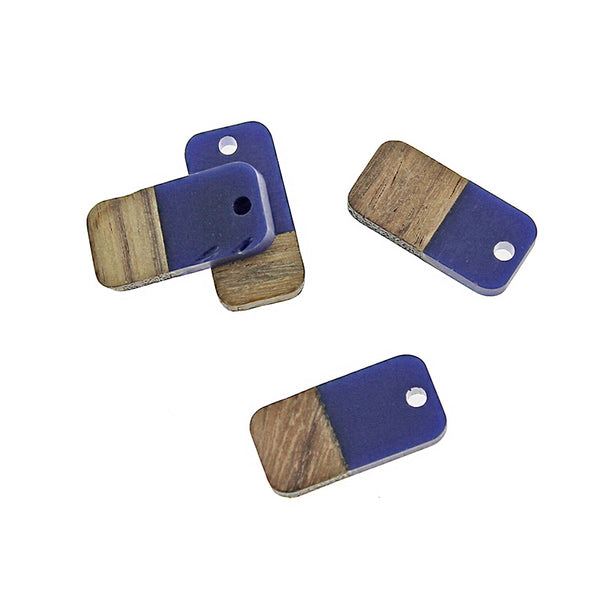 4 Rectangle Natural Wood and Blue Resin Charms 20mm - WP028
