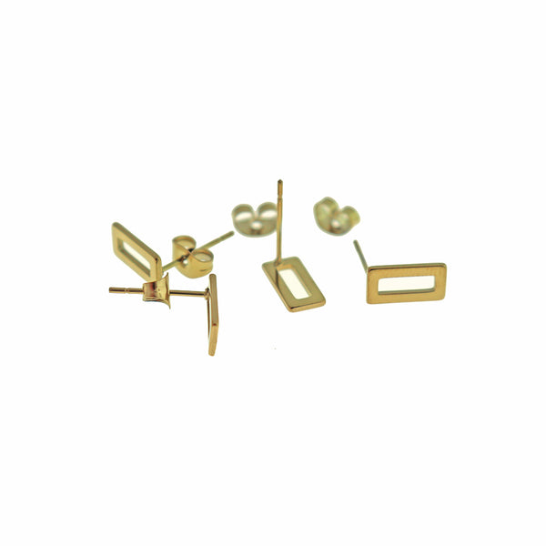 Gold Tone Stainless Steel Earrings - Open Rectangle Studs - 10mm x 5mm - 2 Pieces 1 Pair - ER839