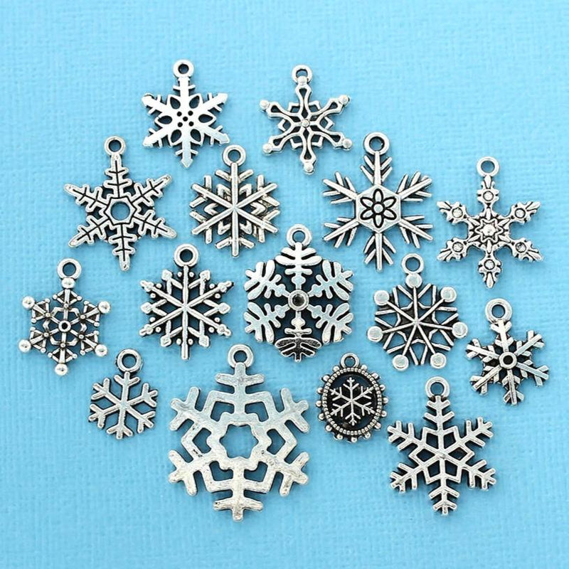 Deluxe Snowflake Charm Collection Antique Silver Tone 15 Different Charms - COL078H