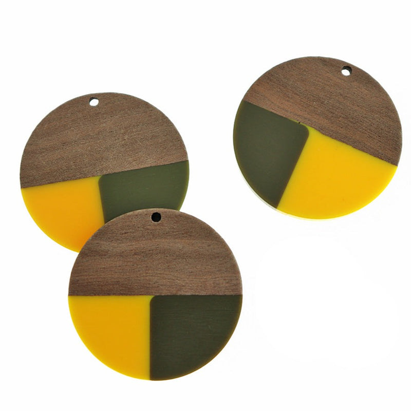 Round Natural Wood and Resin Charm 38mm - Yellow and Green - WP512